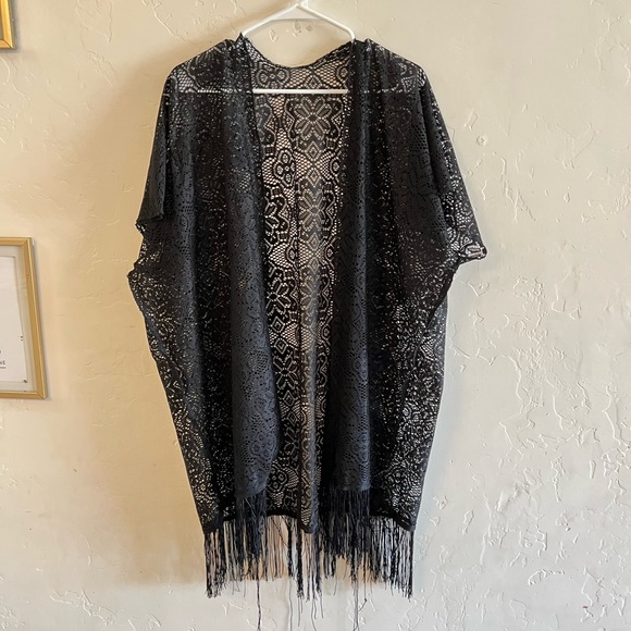 Tops - Black Lace Sheer Lace Fringe Trim Open Front Kimono Small